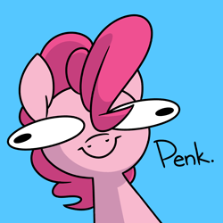 Size: 1952x1952 | Tagged: safe, artist:quarantinedchaoz, character:pinkie pie, species:earth pony, species:pony, g4, blue background, derp, faec, female, googly eyes, penk, simple background, solo, text