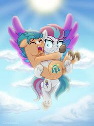 Size: 1280x1707 | Tagged: safe, artist:limedazzle, character:hitch trailblazer, character:zipp storm, species:earth pony, species:pegasus, species:pony, g5, blaze (coat marking), eyes closed, female, flying, male, open mouth, scared
