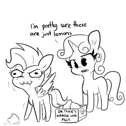 Size: 1500x1500 | Tagged: safe, artist:tjpones, character:scootaloo, character:sweetie belle, character:trixie, species:pegasus, species:pony, species:unicorn, g4, :#, black and white, blank flank, crying, duo, female, filly, food, glasses, grayscale, lemon, monochrome, pursed lips, simple background, sour, spread wings, teary eyes, wavy mouth, white background, wings, young