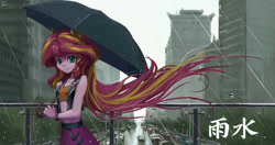 Size: 1280x675 | Tagged: safe, artist:tinybenz, part of a set, character:sunset shimmer, species:eqg human, g4, my little pony:equestria girls, bandeau, chinese, city, clothing, delicious flat chest, female, human coloration, long hair, looking at you, midriff, pony ears, rain, solar term, solo, sunflat shimmer, umbrella, very long hair, vest, windswept hair