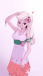 Size: 1080x1920 | Tagged: safe, artist:naafreelanceartist, character:applejack, species:eqg human, equestria girls:spring breakdown, g4, my little pony: equestria girls, my little pony:equestria girls, spoiler:eqg series (season 2), adorasexy, beautiful, breasts, cleavage, clothing, cute, cutie mark, cutie mark on clothes, dress, female, floating heart, flower, flower in hair, freckles, hairpin, hatless, heart, jackabetes, leaning on wall, missing accessory, sexy, simple background, solo, white background