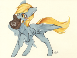 Size: 2234x1700 | Tagged: safe, artist:狄优优, manebooru spotlight, character:derpy hooves, species:pegasus, species:pony, g4, bag, blushing, chest fluff, cute, derp, derpabetes, ear fluff, female, holding, leg fluff, mare, mouth hold, painting, paper bag, pixiv, raised hoof, simple background, solo, traditional art, watercolor painting, white background, yellow background