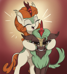 Size: 1700x1880 | Tagged: safe, artist:t72b, character:autumn blaze, character:cinder glow, character:summer flare, species:kirin, g4, angry, annoyed, awwtumn blaze, bipedal, blush sticker, blushing, cinder glow is not amused, cinderbetes, cute, cute little fangs, ear tufts, eyes closed, fangs, female, floppy ears, forced smile, glare, gradient background, grin, happy, hoof hold, looking at you, open mouth, red background, sharp teeth, simple background, smiling, swishy tail, tail flick, this will end in fire, this will end in nirik, this will not end well, unamused