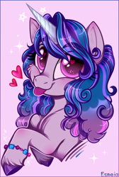 Size: 542x807 | Tagged: safe, artist:esmeia, character:izzy moonbow, species:pony, species:unicorn, g5, blep, bracelet, bust, cheek fluff, cute, gradient hair, heart, izzybetes, jewelry, solo, tongue out, unshorn fetlocks