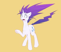 Size: 1200x1029 | Tagged: safe, artist:galinn-arts, character:rarity, species:pony, species:unicorn, g4, alternate hairstyle, colored eyebrows, colored eyelashes, eyebrows, messy mane, messy tail, open mouth, raised hoof, shocked, simple background, solo, yellow background