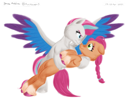 Size: 1400x1100 | Tagged: safe, artist:rockhoppr3, character:sunny starscout, character:zipp storm, species:earth pony, species:pegasus, species:pony, ship:zippscout, g5, bipedal, boop, duo, female, lesbian, looking at each other, noseboop, profile, shipping, signature, simple background, spread wings, transparent background, wings
