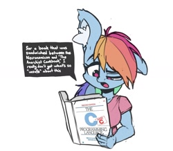 Size: 1200x1045 | Tagged: safe, artist:awr-hey, character:rainbow dash, species:anthro, species:pegasus, species:pony, g4, book, c, dialogue, ear fluff, floppy ears, k&r, programming, simple background, solo, white background
