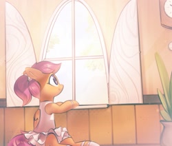 Size: 1200x1016 | Tagged: safe, artist:mirroredsea, character:scootaloo, species:pegasus, species:pony, g4, alternate hairstyle, ballerina, ballet slippers, clothing, cute, female, filly, ponytail, skirt, solo, tutu, window, wings, young