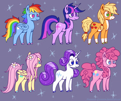 Size: 1280x1067 | Tagged: safe, artist:champion-of-namira, character:applejack, character:fluttershy, character:pinkie pie, character:rainbow dash, character:rarity, character:twilight sparkle, character:twilight sparkle (unicorn), species:earth pony, species:pegasus, species:pony, species:unicorn, g4, abstract background, alternate design, blaze (coat marking), coat markings, colored hooves, flower, flower in hair, hooves, mane six, socks (coat marking), three quarter view