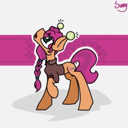 Size: 768x768 | Tagged: safe, artist:twilifnx, character:sunny starscout, species:earth pony, species:pony, g5, braid, clothing, cutie mark, looking up, raised hoof, shirt, solo, surprised, tennis ball