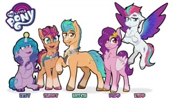 Size: 1200x675 | Tagged: safe, artist:miserisyt, character:hitch trailblazer, character:izzy moonbow, character:pipp petals, character:sunny starscout, character:zipp storm, species:earth pony, species:pegasus, species:pony, species:unicorn, g5, bag, bandolier, braid, chest fluff, childproof horn, circlet, coat markings, colored wings, cute, horn, logo, mane g5, my little pony logo, pipp wings, socks (coat marking), tennis ball, unshorn fetlocks, wings