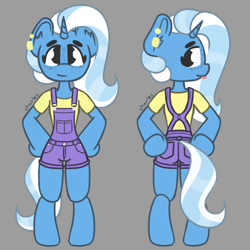 Size: 1280x1280 | Tagged: safe, artist:charleyhorsey, character:trixie, species:anthro, species:pony, species:unicorn, g4, arm hooves, clothing, freckles, hooves on hips, jewelry, overalls, piercing, semi-anthro, solo, tongue out