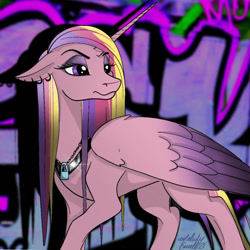 Size: 1024x1024 | Tagged: safe, artist:caliunicalien, character:princess cadance, species:alicorn, species:pony, g4, ear piercing, earring, female, floppy ears, graffiti, jewelry, jpg, lock, mare, necklace, padlock, piercing, signature
