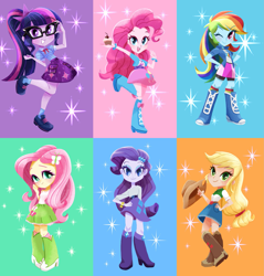 Size: 2293x2400 | Tagged: safe, artist:binco_293, character:applejack, character:fluttershy, character:pinkie pie, character:rainbow dash, character:rarity, character:twilight sparkle, species:eqg human, g4, applejack's hat, clothing, collage, cowboy hat, cupcake, food, hand, hand on hip, hat, hips, leg in air, mane six, one eye closed, sparkles, stetson, wink