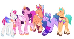 Size: 1200x631 | Tagged: safe, artist:cool_guy_senpai, manebooru spotlight, character:hitch trailblazer, character:izzy moonbow, character:pipp petals, character:sunny starscout, character:zipp storm, species:earth pony, species:pegasus, species:pony, species:unicorn, g5, bisexual pride flag, braid, circlet, coat markings, colored wings, crown, cutie mark, gay pride flag, jewelry, lesbian pride flag, mane g5, nonbinary pride flag, pride, pride flag, regalia, socks (coat marking), transgender pride flag, unshorn fetlocks, wings