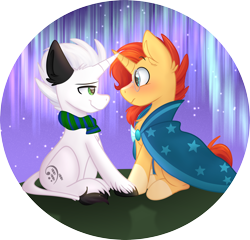 Size: 2970x2856 | Tagged: safe, artist:littleblackraencloud, character:sunburst, oc, oc:ghost note, species:pony, species:unicorn, g4, blushing, cape, clothing, holding hooves, imminent kissing, male, males only, scarf, stallion, staring ponies, starry backdrop