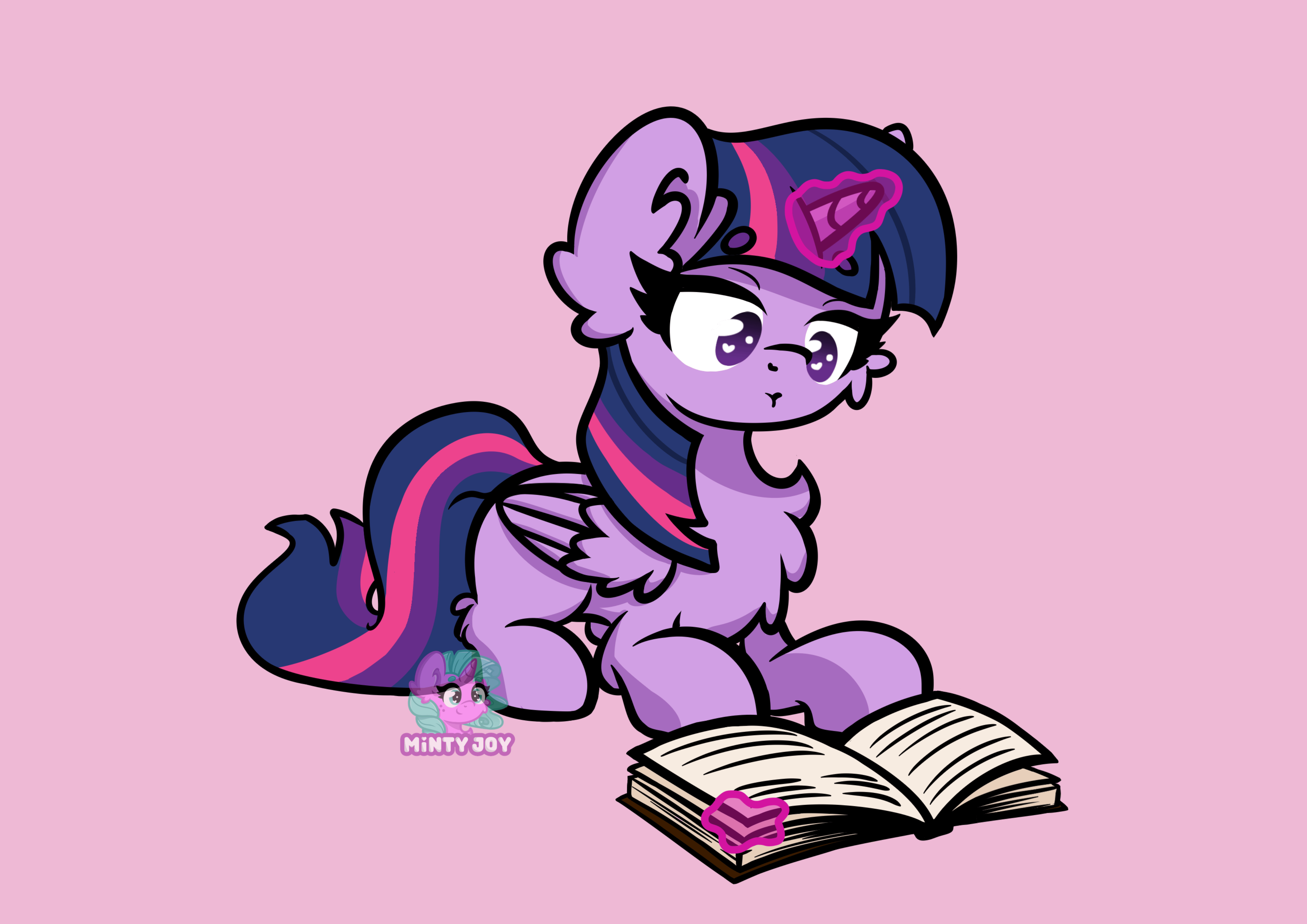 Size: 4960x3508 | Tagged: safe, artist:floramorian, artist:minty joy, character:twilight sparkle, character:twilight sparkle (alicorn), species:alicorn, species:pony, g4, adorkable, animated, book, chest fluff, cute, dork, ear fluff, glowing horn, magic, reading, ruffling wings, solo, tail swish, telekinesis, twiabetes, ych example, ych result, your character here