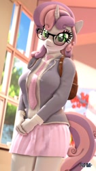 Size: 1080x1920 | Tagged: safe, artist:anthroponiessfm, character:sweetie belle, species:anthro, species:pony, species:unicorn, g4, 3d, backpack, blushing, breasts, busty sweetie belle, clothing, cute, dawwww, diasweetes, explicit source, female, glasses, meganekko, older, older sweetie belle, school, school uniform, schoolgirl, sfm pony, skirt, solo, source filmmaker, uniform