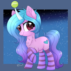 Size: 1280x1280 | Tagged: safe, artist:splashofsweet, character:izzy moonbow, species:pony, species:unicorn, g5, chest fluff, childproof horn, clothing, cute, cutie mark, ear fluff, heart eyes, horn, izzybetes, socks, solo, stars, tennis ball, thigh highs, wingding eyes