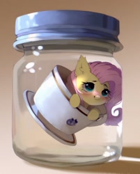 Size: 967x1200 | Tagged: safe, artist:astralblues, character:fluttershy, species:pegasus, species:pony, g4, cup, cute, floating, jar, miniaturized, saucer, shyabetes, teacup, technically a flying saucer, trapped