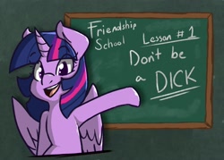 Size: 2348x1677 | Tagged: safe, artist:modularpon, character:twilight sparkle, character:twilight sparkle (alicorn), species:alicorn, species:pony, g4, chalkboard, female, mare, solo, text, wheaton's law