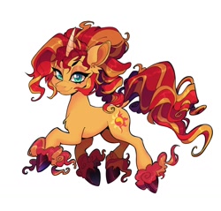 Size: 1200x1146 | Tagged: safe, artist:_psiionix_, character:sunset shimmer, species:pony, species:unicorn, g4, my little pony:equestria girls, chest fluff, cutie mark, fire, simple background, smug, solo, unshorn fetlocks, white background