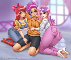 Size: 1297x1100 | Tagged: safe, artist:racoonsan, character:apple bloom, character:scootaloo, character:sweetie belle, species:human, g4, apple bloom's bow, apple family member, boots, bow, breasts, busty apple bloom, butt, clothing, cutie mark crusaders, explicit source, female, hair bow, horn, horned humanization, humanized, jacket, looking at you, older, older apple bloom, older scootaloo, older sweetie belle, overalls, pants, shirt, shoes, shorts, species swap, sweetie butt, trio, trio female, winged humanization, wings