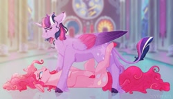 Size: 1200x689 | Tagged: safe, artist:nyota71, character:pinkie pie, character:twilight sparkle, species:classical unicorn, species:earth pony, species:pony, ship:twinkie, g4, coat markings, shipping, socks (coat marking)