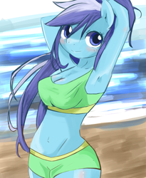 Size: 900x1100 | Tagged: safe, artist:apyorehe, character:minuette, species:anthro, species:pony, species:unicorn, g4, armpits, belly button, bikini, breasts, cleavage, clothing, female, pixiv, shorts, solo, swimsuit
