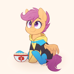Size: 858x858 | Tagged: safe, artist:higgly-chan, character:scootaloo, species:pegasus, species:pony, g4, bowl, clothing, cute, food, hoodie, popcorn