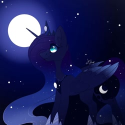 Size: 1080x1080 | Tagged: safe, artist:tessa_key_, character:princess luna, species:alicorn, species:pony, g4, clothing, ear fluff, ethereal mane, female, galaxy mane, hoof shoes, horn, jewelry, looking up, mare, moon, necklace, night, outdoors, peytral, shoes, signature, solo, stars, tiara, wings