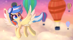Size: 5672x3141 | Tagged: safe, artist:windykirin, oc, oc:easy breezy, species:pegasus, species:pony, g4, absurd resolution, balloon, cloud, female, flying, goggles, hot air balloon, solo, sunset, wings