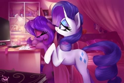 Size: 3004x2016 | Tagged: safe, artist:nevobaster, character:rarity, oc, species:pony, species:unicorn, g4, blanket, book, bookshelf, cellphone, cutie mark, desk, duo, duo female, explicit source, eyeshadow, female, females only, figurine, glasses, holding, horn, imac, lamp, makeup, mare, mouth hold, phone, sleeping, smartphone, tail, tucking in