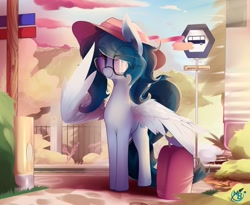 Size: 2477x2031 | Tagged: safe, artist:nevobaster, oc, oc only, oc:delta vee, species:pegasus, species:pony, g4, bus stop, clothing, cloud, day, explicit source, eye clipping through hair, female, glasses, hat, mare, outdoors, solo, suitcase, tail, wing hands, wings