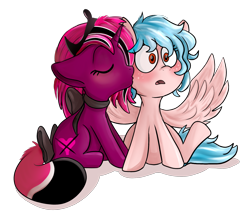Size: 1997x1689 | Tagged: safe, artist:whitex, character:cozy glow, oc, oc:blazestina, species:pegasus, species:pony, species:unicorn, g4, alternate hairstyle, blushing, canon x oc, female, filly, kiss on the cheek, kissing, lesbian, shipping, spread wings, surprise kiss, surprised, wingboner, wings, young