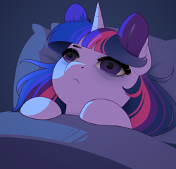 Size: 1000x959 | Tagged: safe, artist:evehly, character:twilight sparkle, character:twilight sparkle (alicorn), species:alicorn, species:pony, g4, :c, bags under eyes, bed, bedsheets, female, frown, in bed, insomnia, mare, pillow, sad, solo, tired