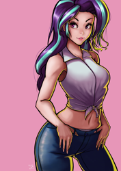Size: 848x1200 | Tagged: safe, artist:the-park, character:starlight glimmer, species:human, g4, belly button, clothing, female, front knot midriff, humanized, jeans, midriff, pants, pink background, simple background, solo, species swap, standing, underwear