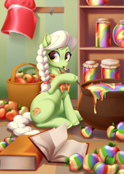 Size: 1500x2092 | Tagged: safe, artist:kyotoleopard, character:granny smith, species:earth pony, species:pony, g4, adorasmith, apple, apple family member, basket, book, cauldron, cottagecore, cute, female, food, high res, jam, jar, looking at you, mare, recipe book, sitting, solo, spoon, tasting, young granny smith, younger, zap apple, zap apple jam