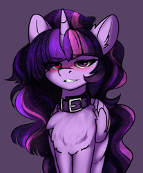 Size: 2752x3328 | Tagged: safe, artist:duop-qoub, character:twilight sparkle, character:twilight sparkle (alicorn), species:alicorn, species:pony, g4, blushing, chest fluff, collar, descended twilight, dreamworks face, female, future future twilight, high res, mare, sexy, smiling, smirk, solo