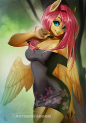 Size: 666x950 | Tagged: safe, artist:aonikaart, patreon reward, character:fluttershy, species:anthro, species:pegasus, g4, adorasexy, beautiful, beautisexy, breasts, busty fluttershy, choker, clothing, cute, digital art, dress, drooping wings, female, jewelry, looking at you, mare, necklace, nightgown, patreon, sexy, shoulderless, shyabetes, signature, smiling, solo, spread wings, wings