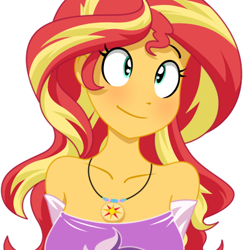 Size: 500x500 | Tagged: dead source, safe, artist:reiduran, edit, character:sunset shimmer, species:eqg human, g4, my little pony:equestria girls, blushing, breasts, bust, clothing, color edit, colored, cute, female, jewelry, necklace, pendant, shimmerbetes, shoulderless, simple background, solo, strapless, white background