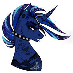 Size: 726x726 | Tagged: safe, artist:shimmering--sunlight, character:princess luna, species:alicorn, species:pony, g4, alternate hairstyle, bust, cheek fluff, choker, clothing, ear fluff, eyebrow piercing, female, frown, horn, horn jewelry, horn ring, jewelry, lip piercing, makeup, mare, necklace, piercing, portrait, profile, punk, ring, signature, simple background, solo, spiked choker, tattoo, torn clothes, transparent background