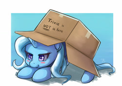 Size: 1024x725 | Tagged: safe, artist:the-park, character:trixie, species:pony, species:unicorn, g4, blatant lies, blush sticker, blushing, border, box, camouflage, cardboard box, colored pupils, crossover, crouching, cute, dawwww, diatrixes, face down ass up, female, gradient background, hiding, hnnng, horn, lidded eyes, lying down, mare, metal gear, pony in a box, prone, seems legit, signature, silly, silly pony, simple background, smiling, smirk, sneak 100, solo, starry eyes, stealth, white background, wingding eyes