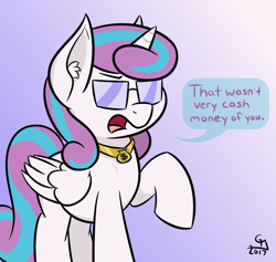 Size: 540x512 | Tagged: safe, artist:glimglam, character:princess flurry heart, species:alicorn, species:pony, g4, cash money, dialogue, ear fluff, female, gold digger, gradient background, jewelry, mare, meme, necklace, older, older flurry heart, open mouth, ponified, purple background, raised hoof, simple background, solo, species swap, sunglasses, teenage flurry heart, teenager