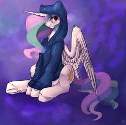 Size: 1024x1021 | Tagged: safe, artist:11-shadow, character:princess celestia, species:alicorn, species:pony, g4, blushing, clothing, cute, cutelestia, female, hoodie, looking at you, mare, sitting, smiling, solo, underhoof, wings
