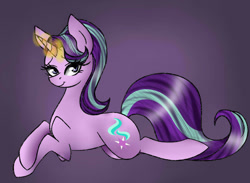 Size: 1280x939 | Tagged: safe, artist:kiitami, character:starlight glimmer, species:pony, species:unicorn, g4, female, glowing horn, horn, lying down, magic, magic aura, mare, prone, smiling, solo