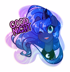 Size: 2950x3050 | Tagged: safe, artist:hiloumuns, character:princess luna, species:alicorn, species:pony, g4, bust, crown, cute, ethereal mane, eye clipping through hair, eyebrows, eyebrows visible through hair, female, galaxy mane, good night, jewelry, lunabetes, mare, necklace, one eye closed, open mouth, peytral, portrait, regalia, simple background, solo, stars, sweet dreams fuel, white background, wink
