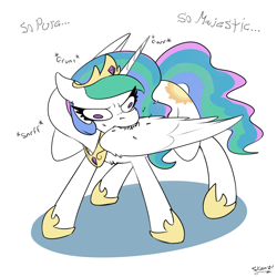 Size: 2000x2000 | Tagged: safe, artist:skoon, character:princess celestia, species:alicorn, species:pony, g4, clothing, crown, cute, cutelestia, derp, faec, female, flash-featured image, funny, grooming, hoof shoes, jewelry, majestic as fuck, mare, necklace, peytral, preening, regalia, shoes, sillestia, silly, silly pony, simple background, sketch, solo, sweet dreams fuel, white background, wings