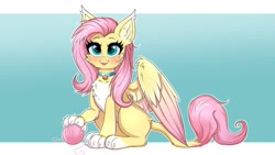 Size: 1200x675 | Tagged: safe, artist:confetticakez, character:fluttershy, g4, behaving like a cat, big ears, catpony, chest fluff, collar, colored wingtips, cute, ear fluff, fluffy, multicolored wings, solo, wings, yarn