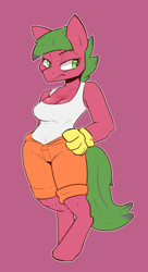 Size: 600x1100 | Tagged: safe, artist:pashoo, oc, oc only, oc:low rider, species:anthro, species:earth pony, species:pony, species:unguligrade anthro, g4, breasts, cleavage, clothing, gloves, overalls, simple background, tank top